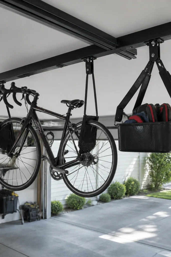 Ceiling rack holding bike tools with soft pads and labels