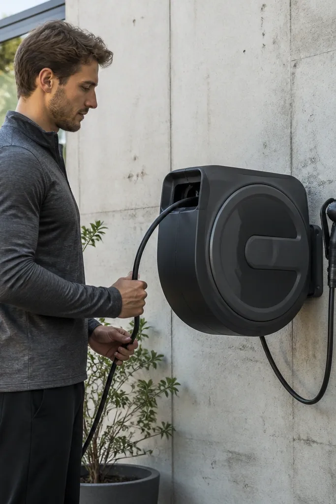 Wall-mounted hose reel with a dock for spray gun and quick-connect fittings.