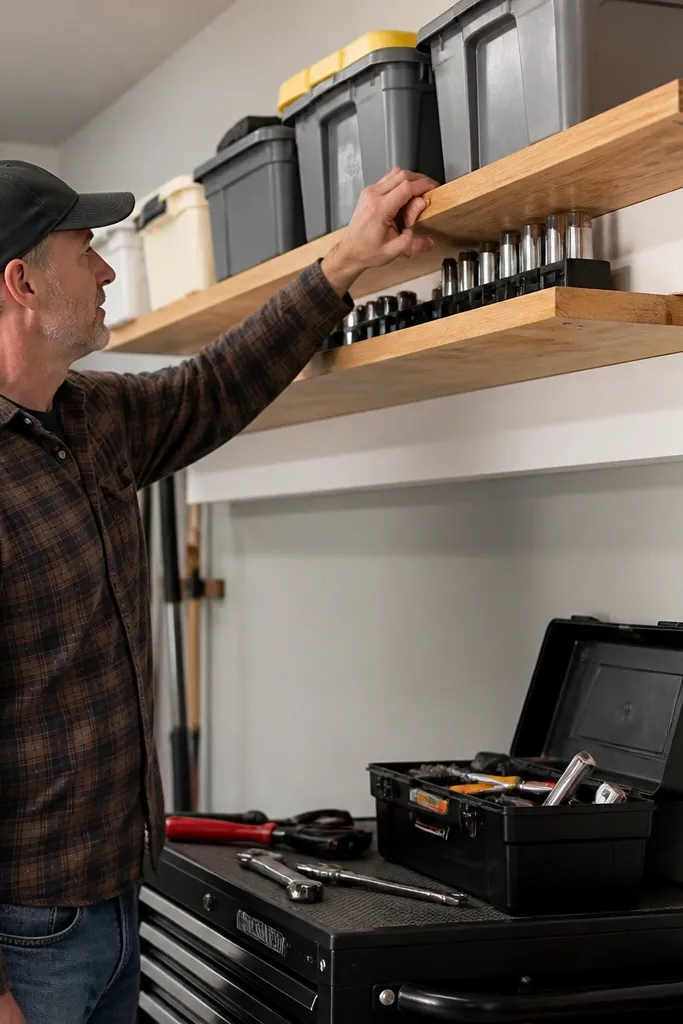 Sturdy wooden shelves on a garage wall with 2x4 ledger supports