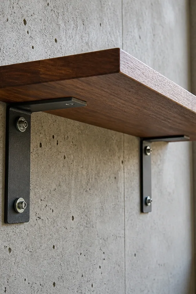 Heavy-duty shelves mounted to a concrete garage wall with metal brackets