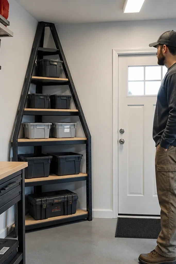 Triangular corner shelves in a garage with small bins and buckets