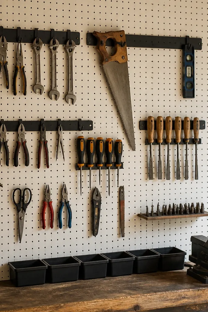 Garage pegboard wall with tool rails, hooks, and hanging hand tools