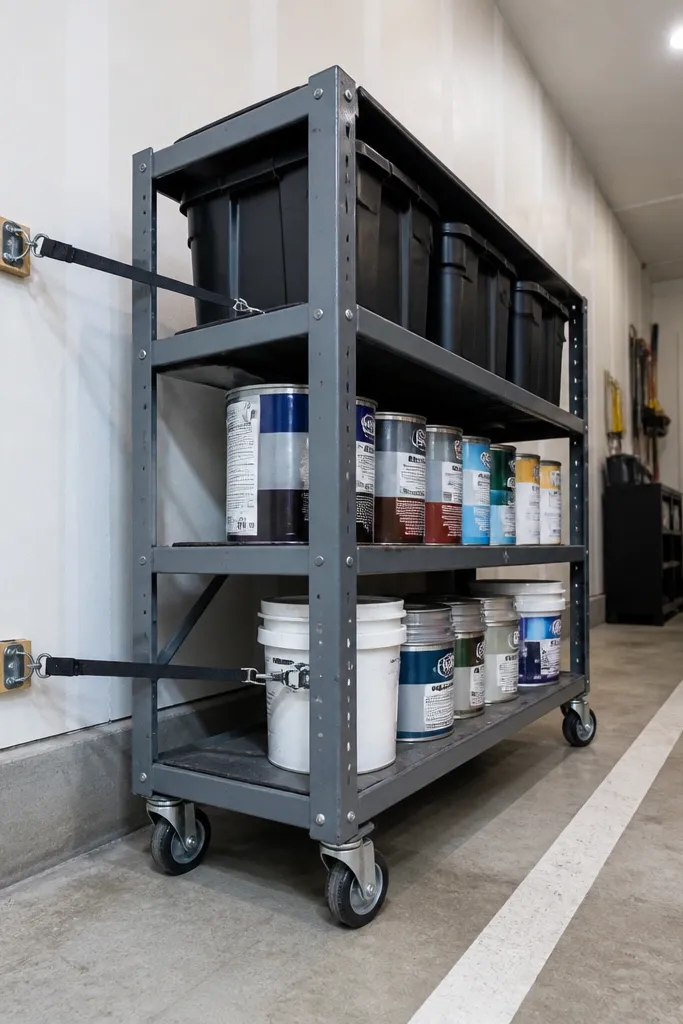 Steel rolling rack with bins, tethered to the wall for stability