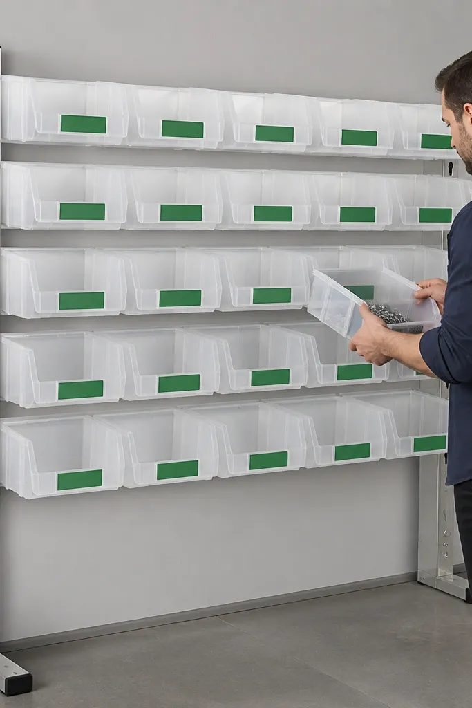 Wall-mounted bin storage with clear plastic bins on metal rails