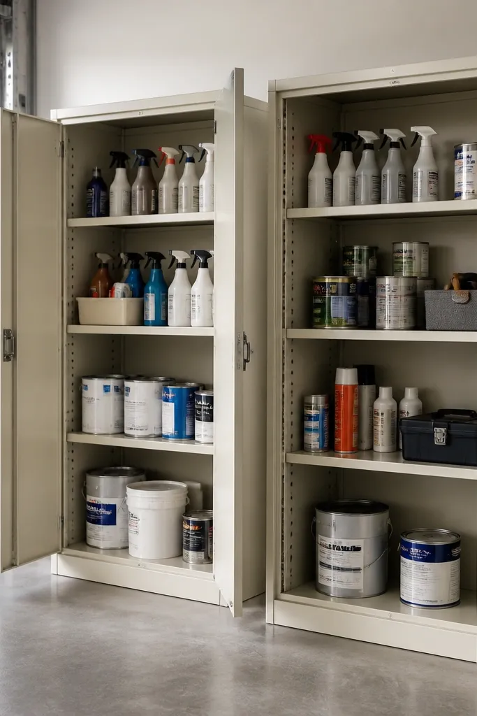 White garage cabinet with adjustable shelves and doors for tool storage