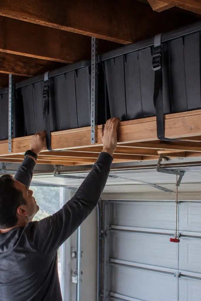 Ceiling-mounted shelving under garage ceiling beams