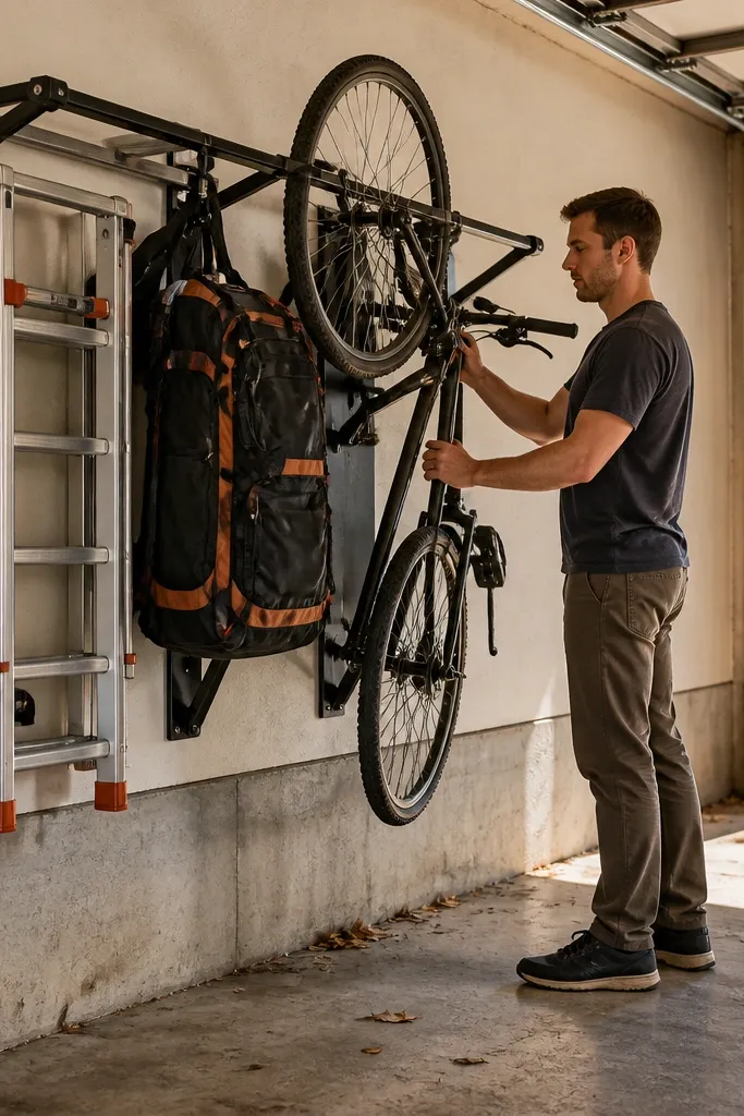 Fold-down wall rack holding a bike and seasonal tools