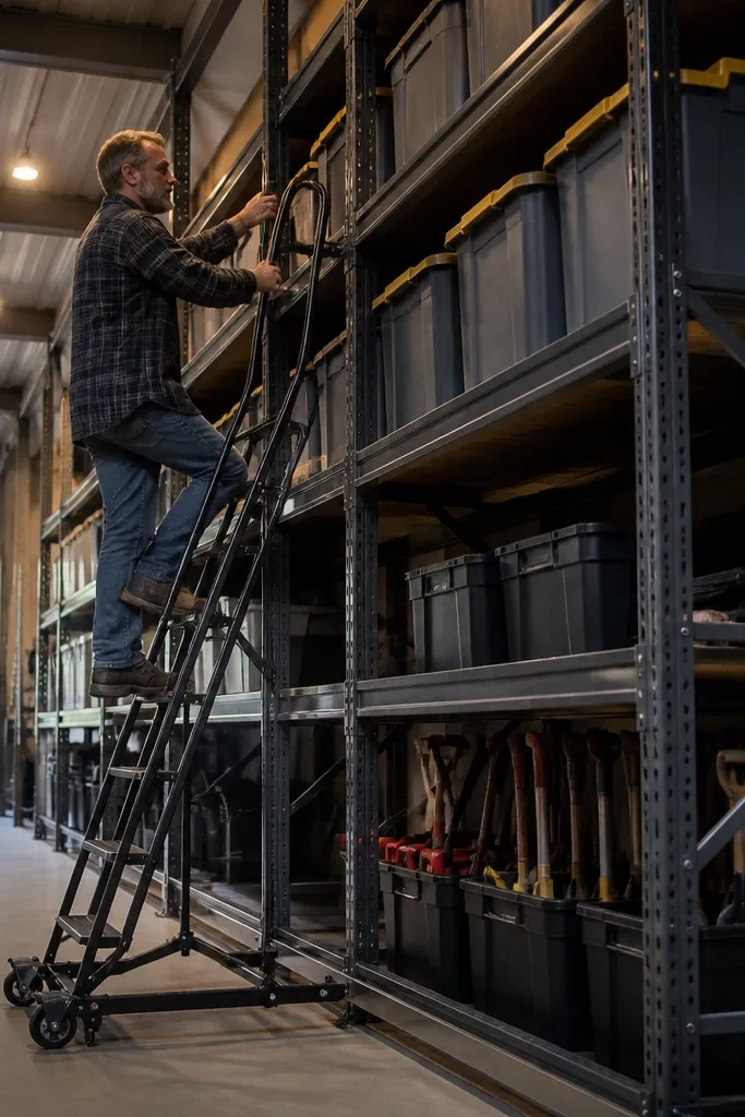 Tall storage shelf system with a rolling ladder and fixed frame