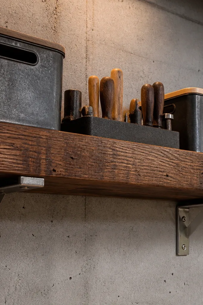 Stained wood shelves on metal brackets on a garage wall
