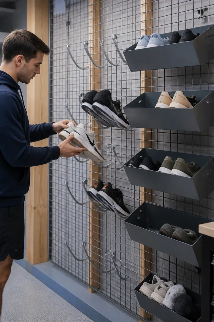 Metal wire grid on a wall with small bins and hooks holding shoes