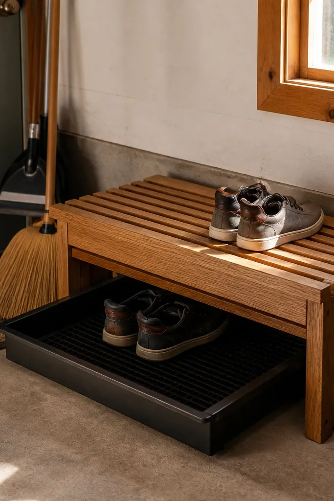 Garage bench with slatted wooden top and a hinged or lift-out base for shoes