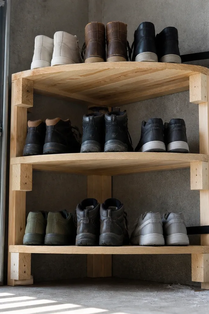 Corner shoe rack with three tiers and straps anchoring it to the wall