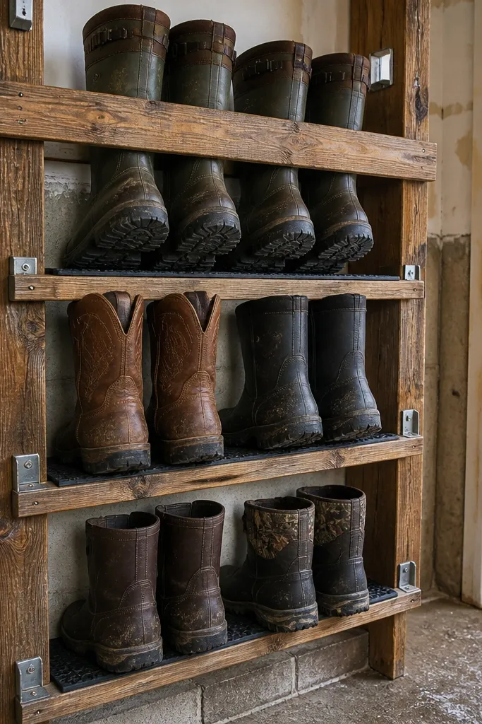Wood ladder-style wall rack for boots with a removable mat at the bottom