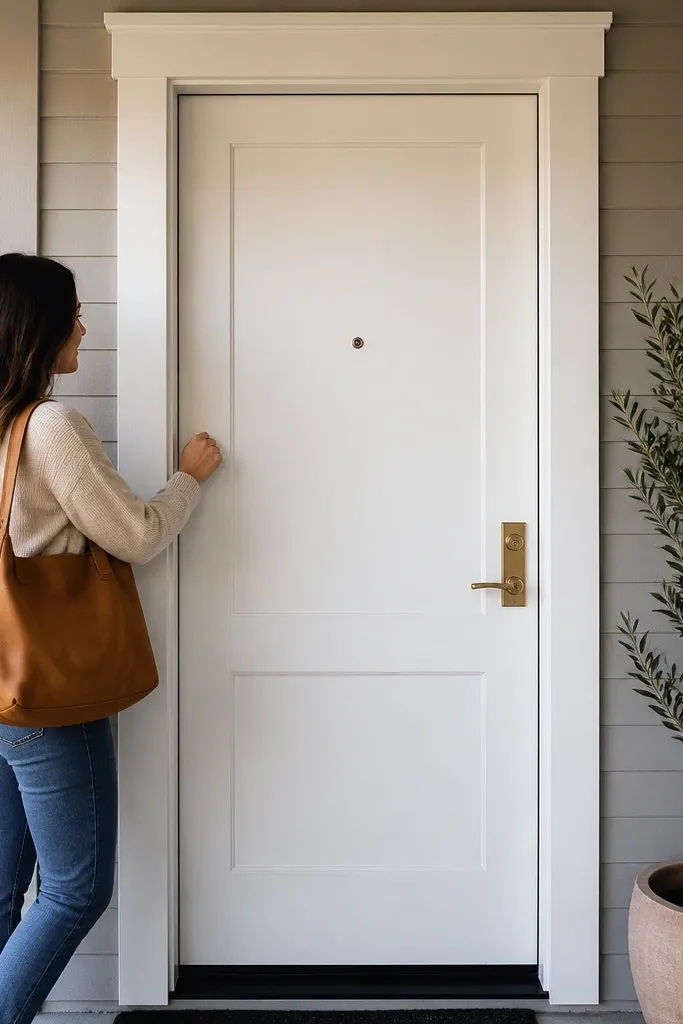White tall shaker door with five-inch casing and a small crown on a villa entrance