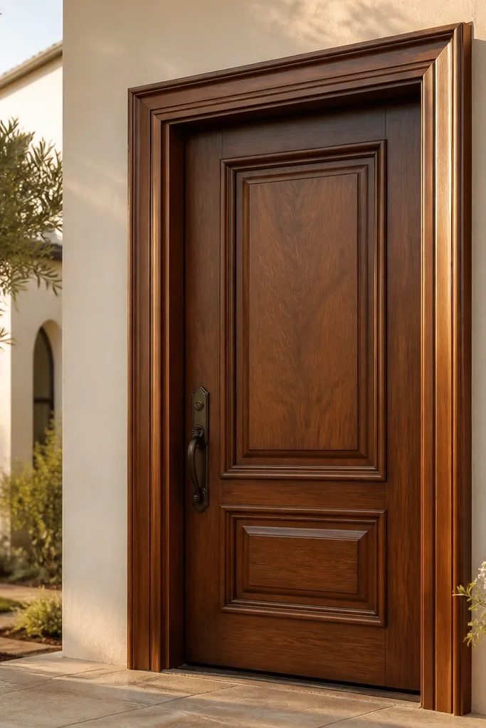 Walnut veneer door with a raised architrave border on a light stone villa entrance