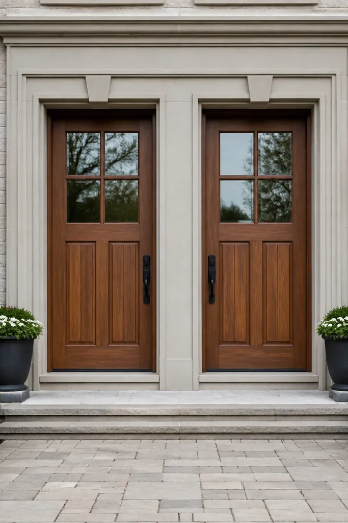 Two matching doors with a center mullion and wide stone-like casing trim