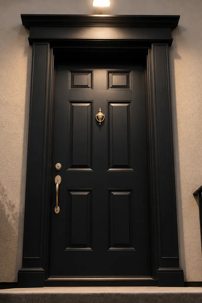 Matte black door with brass knocker and four-inch vertical pilasters on a cream facade