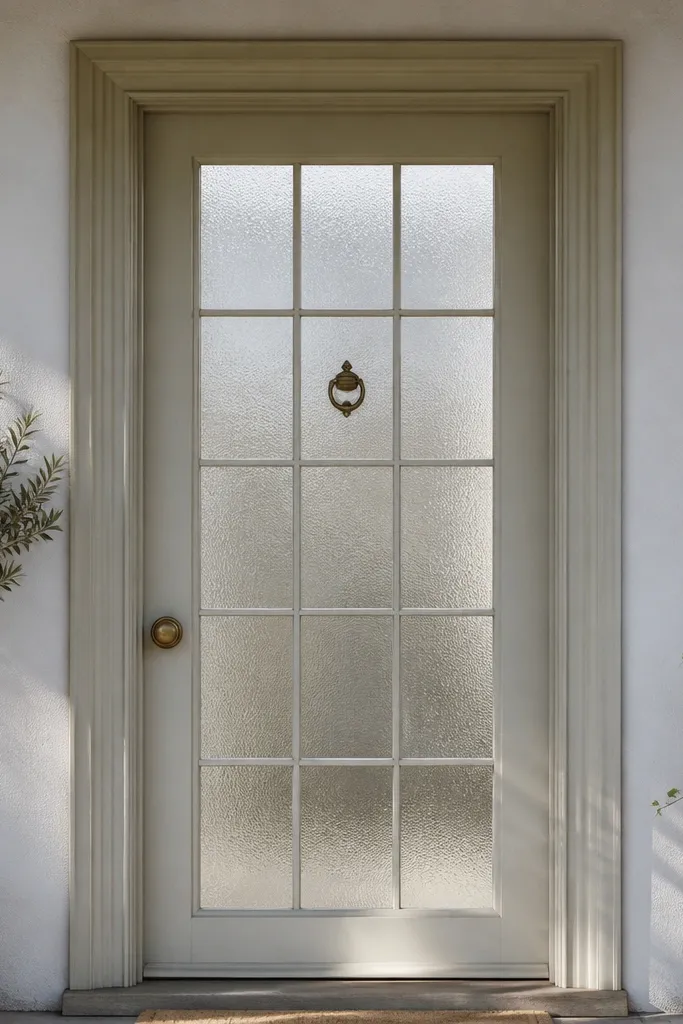 Door with frosted glass vertical rectangles and a tall geometric grid