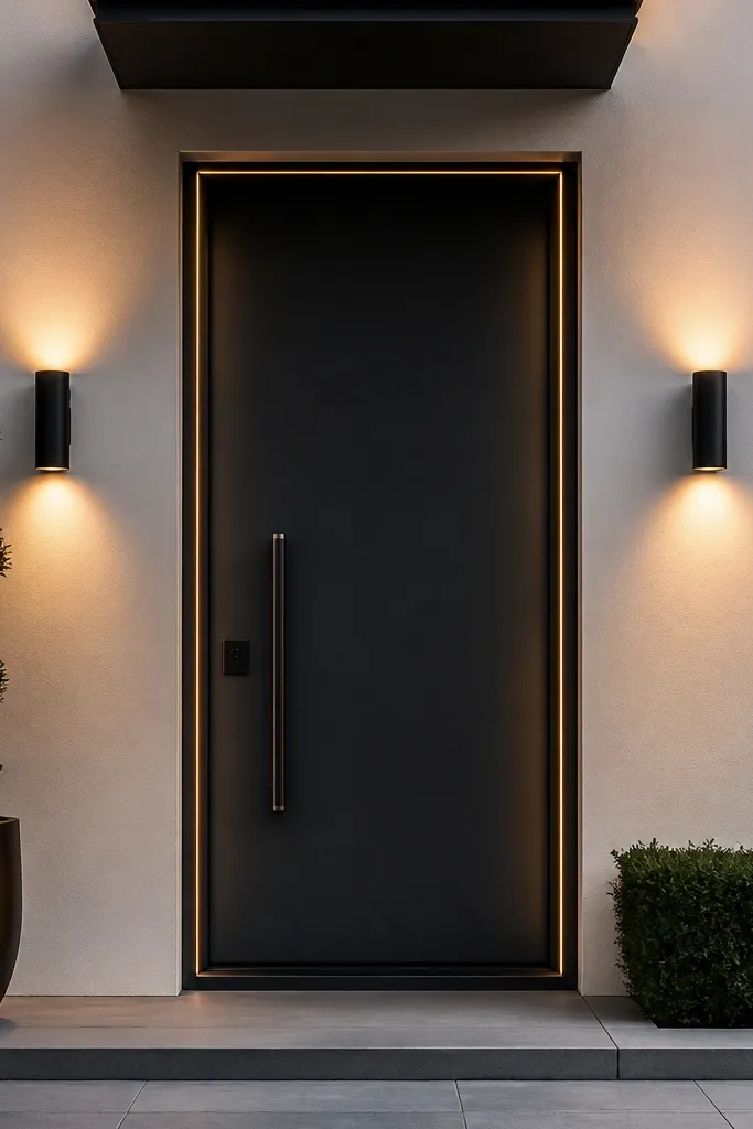 Door set back into the wall with a thin shadow gap around a modern surround