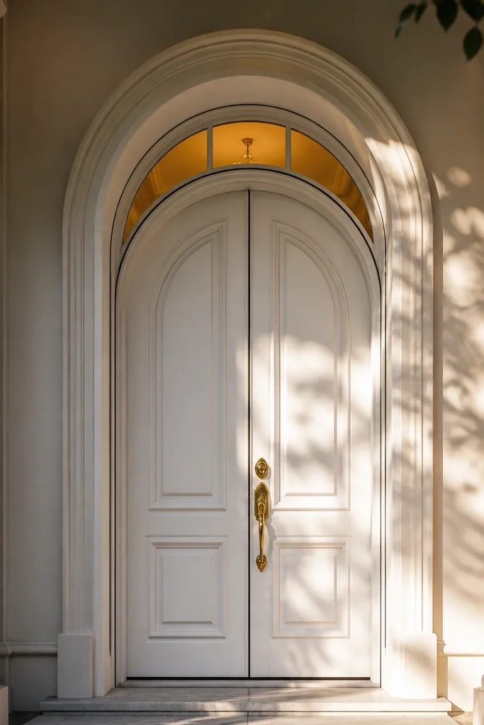 Arched door with slim glass transom above and matching casing on a villa entrance