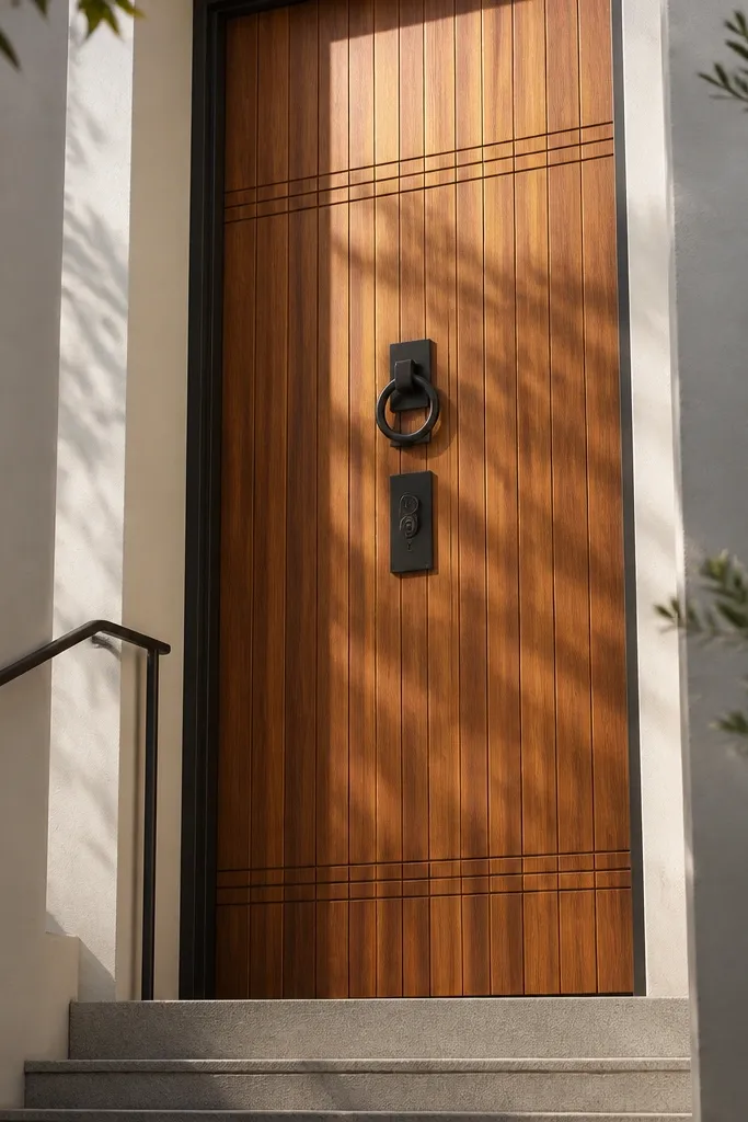 Tall door with vertical slats and two thin inset lines framing the slab