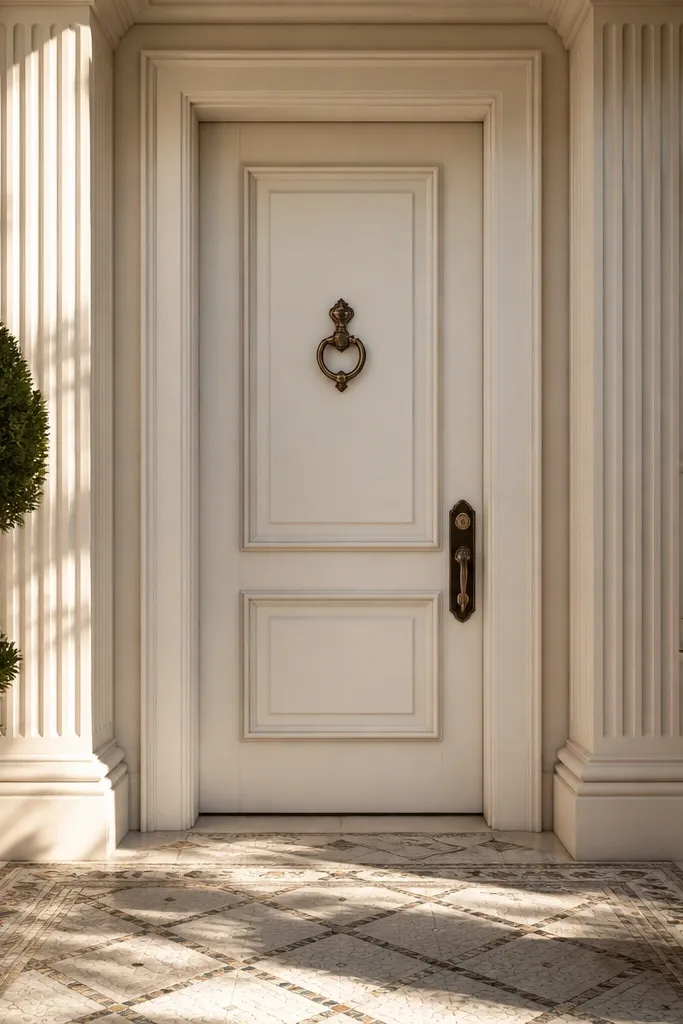 Classic panel door with six-inch center casing and fluted side columns