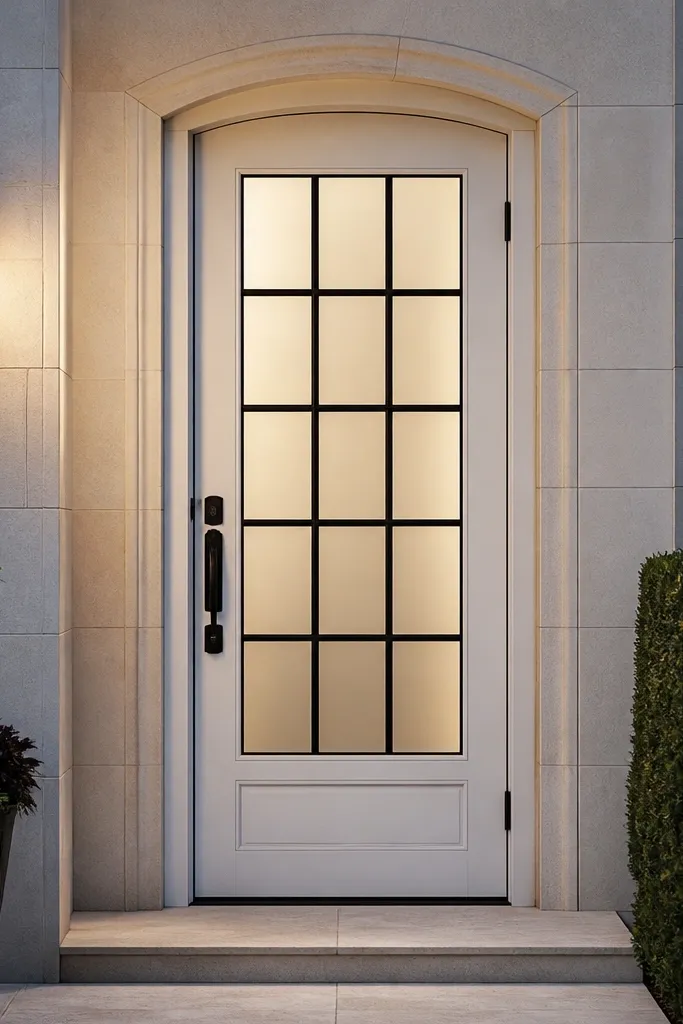 White entry door with recessed rectangle glass panels and a black grid pattern