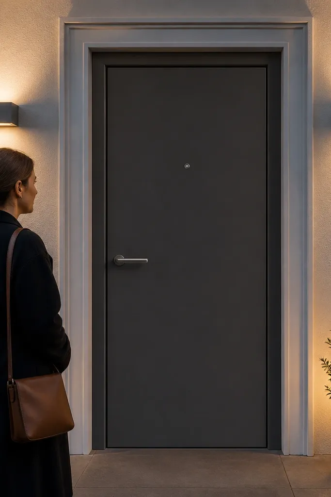Graphite grey door with white double-layer trim framing the door