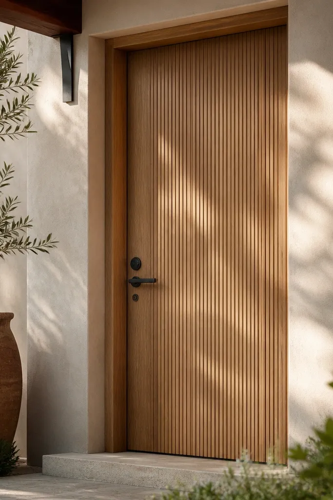 Natural wood door with vertical reeded overlay panels and simple casing