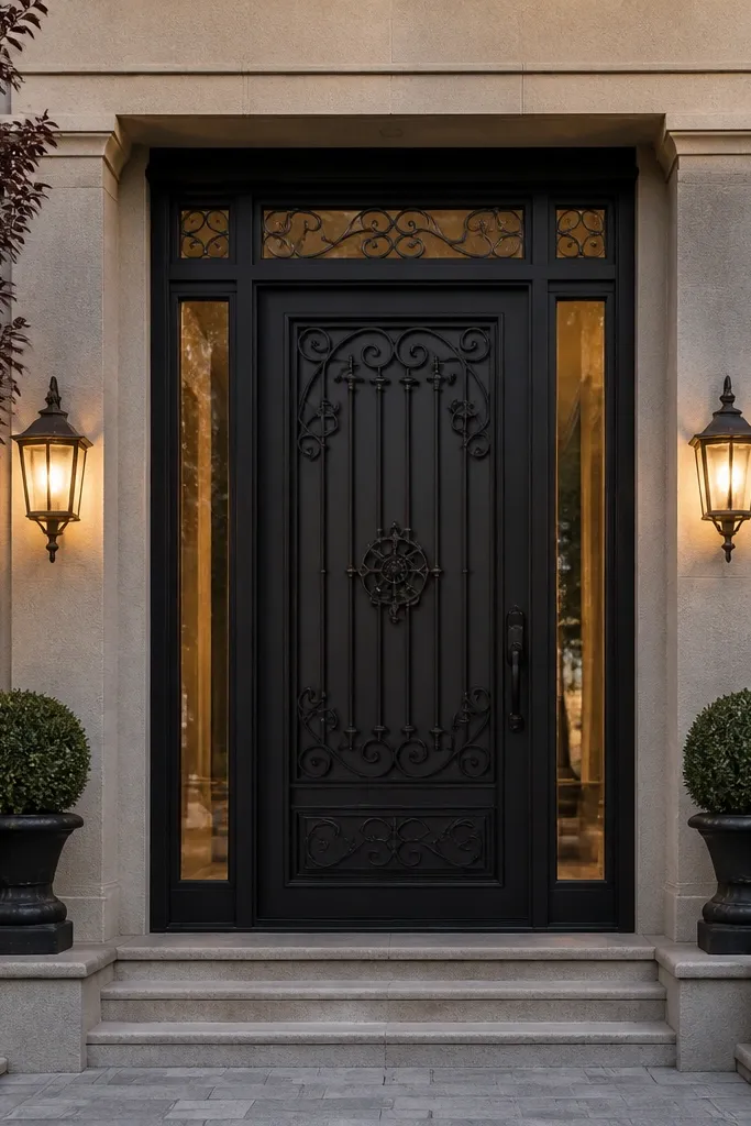 Solid door with iron-style grille and narrow glass sidelights on both sides