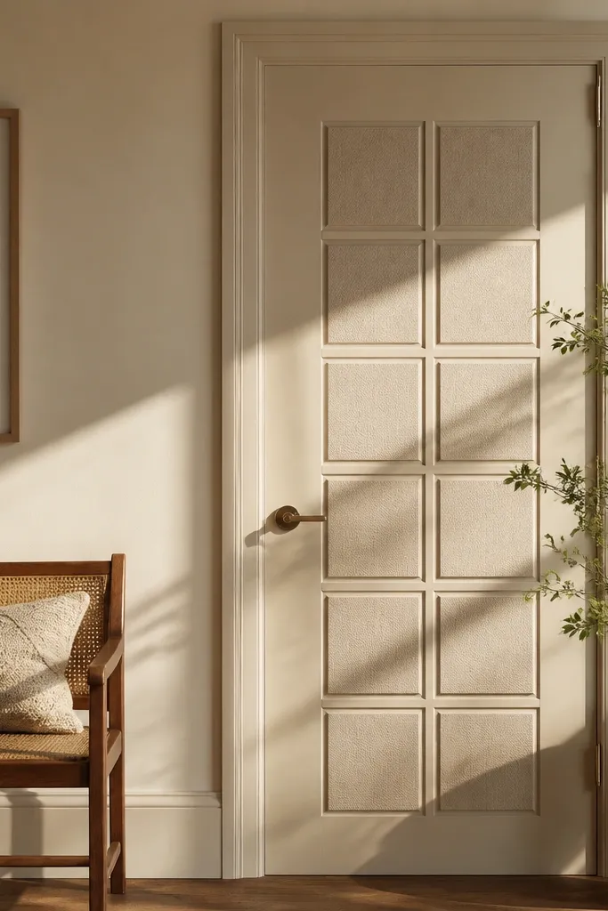 Cream door with raised tile-look panel inserts in a grid pattern