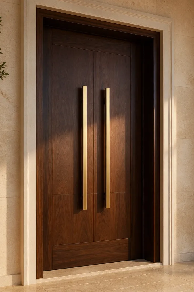 Dark teak door with brass finger pulls and two-tone trim casing