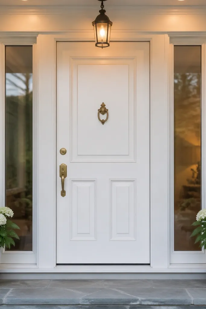 White door with tall sidelights and a matching header beam above