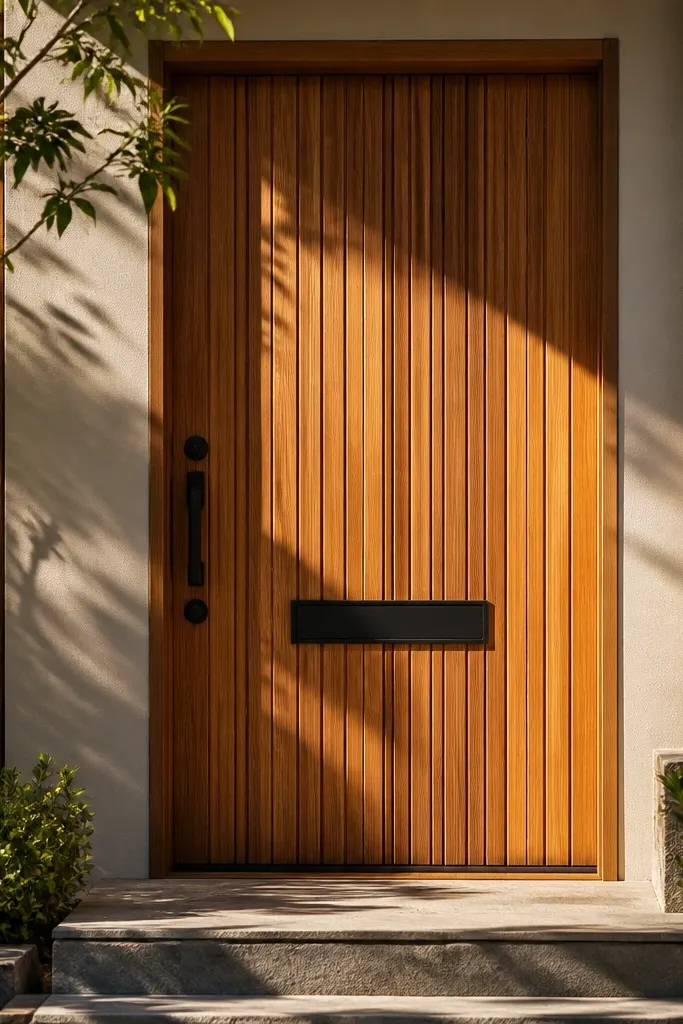 Cedar door with vertical channel grooves and a black mail slot