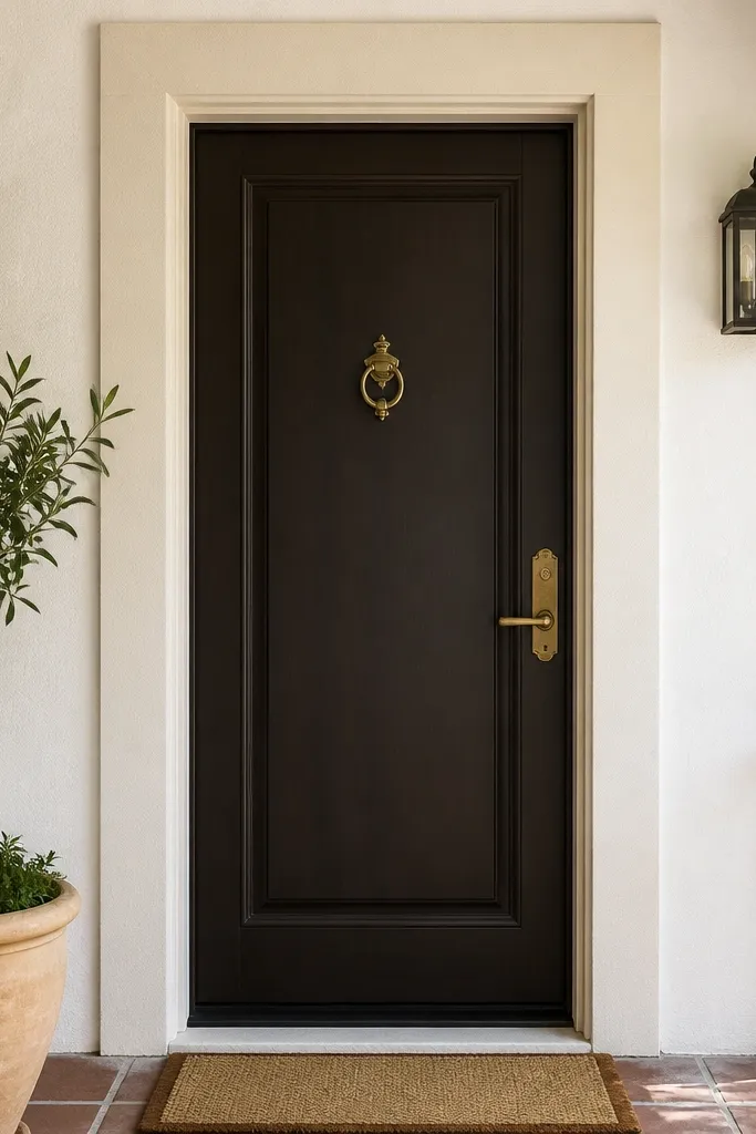 Two-tone door with dark center panels and a light outer frame border