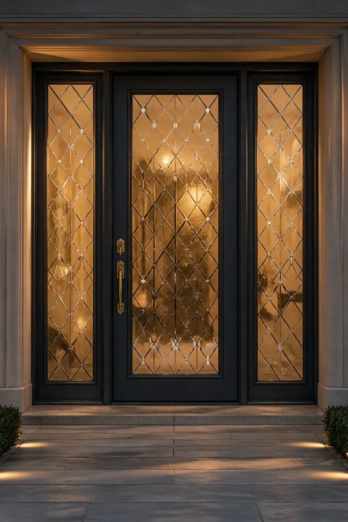 Door with diamond-pattern glass panels and matching side panel frames