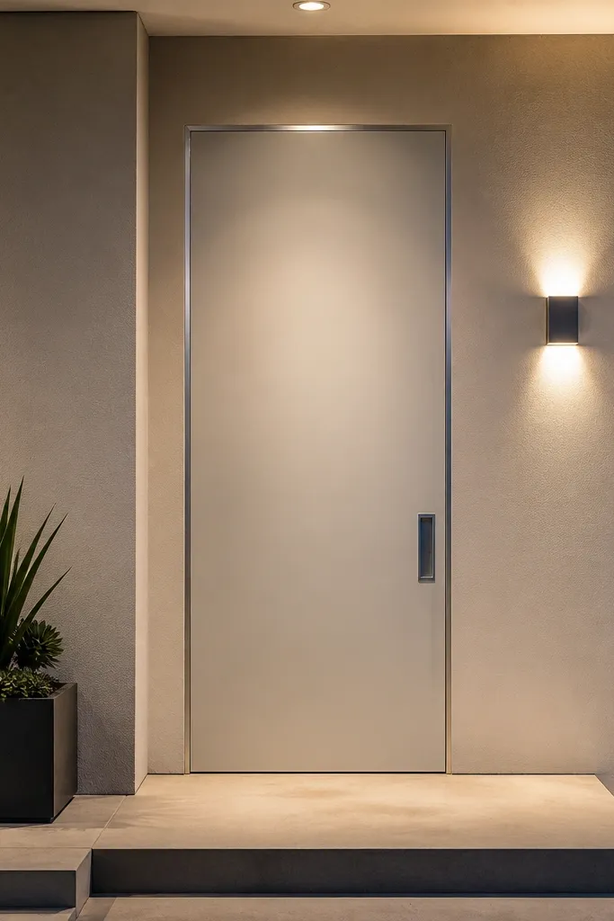 Flush door with thin metal trim line around edges and minimal hardware