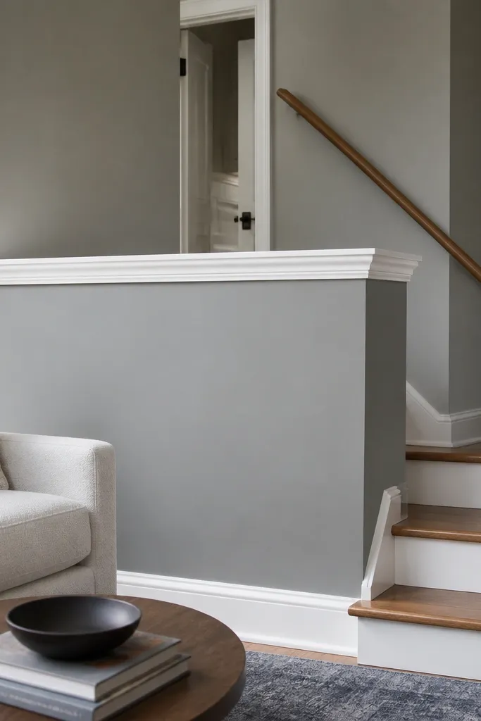 Beige half wall with a white crown moulding cap on top