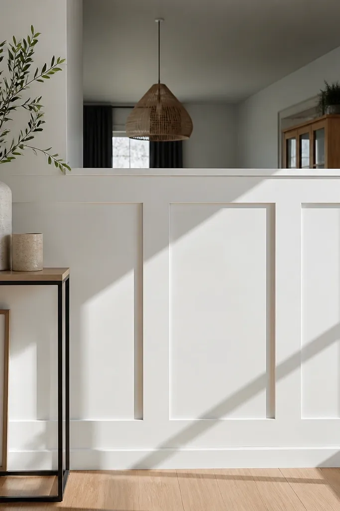 Half wall with rectangular inset frames made from white flat trim