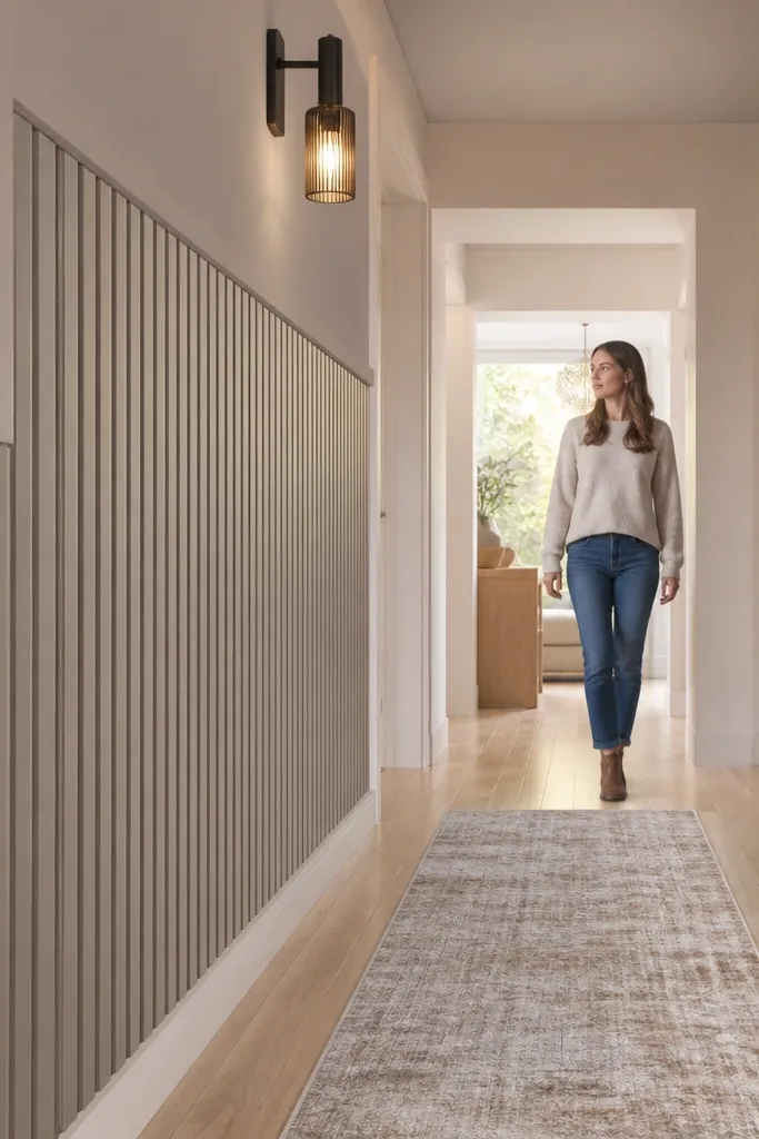 Warm wood half wall with evenly spaced vertical trim slats
