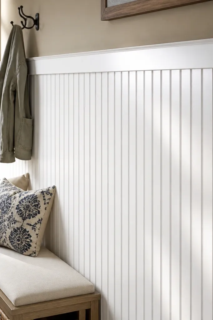 White half wall with vertical bead grooves and a thin top rail