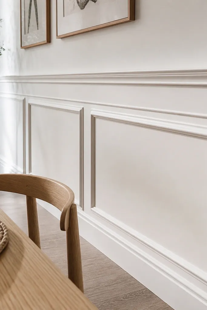 Half wall with stepped trim ledges forming staggered rectangles