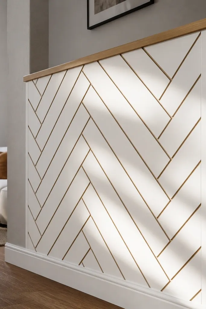 Half wall with a white herringbone trim pattern in angled rows