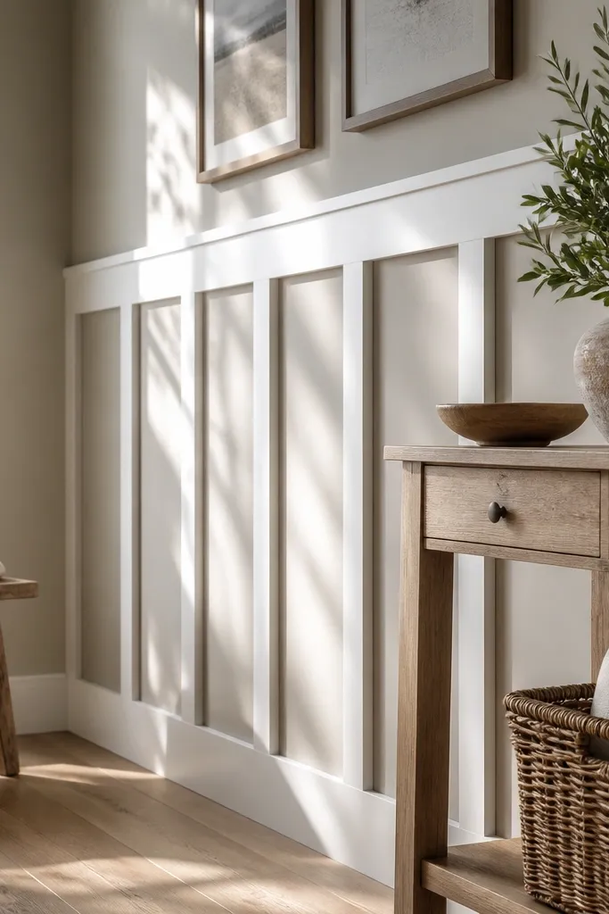 White board-and-batten half wall with thick vertical battens and a wide top rail