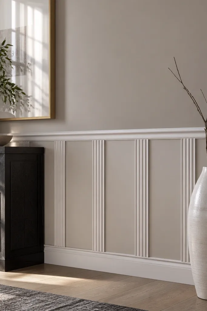 Half wall with fluted vertical trim panels and a white top cap