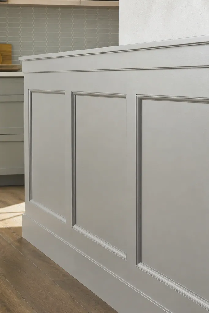 Half wall with beveled trim rectangles and a white top rail