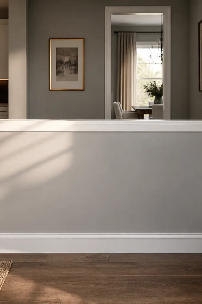 White half wall with top rail and bottom skirt trim forming a rectangle frame