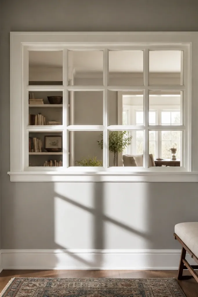 Half wall with faux window frames made from trim and a top rail