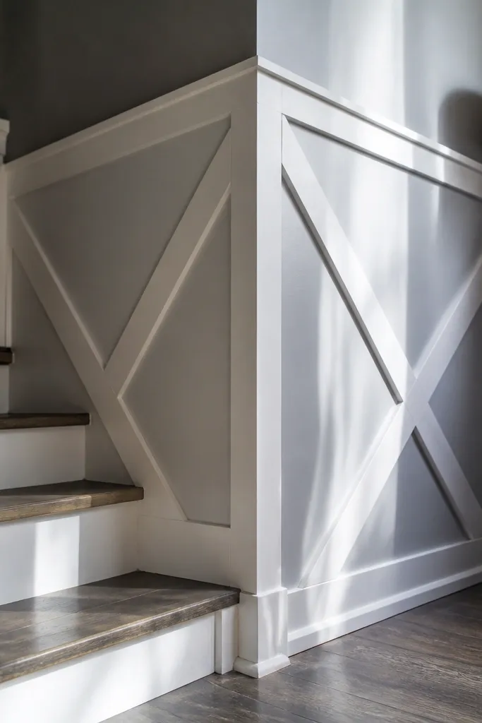 Half wall with diagonal trim stripes forming an X-like pattern