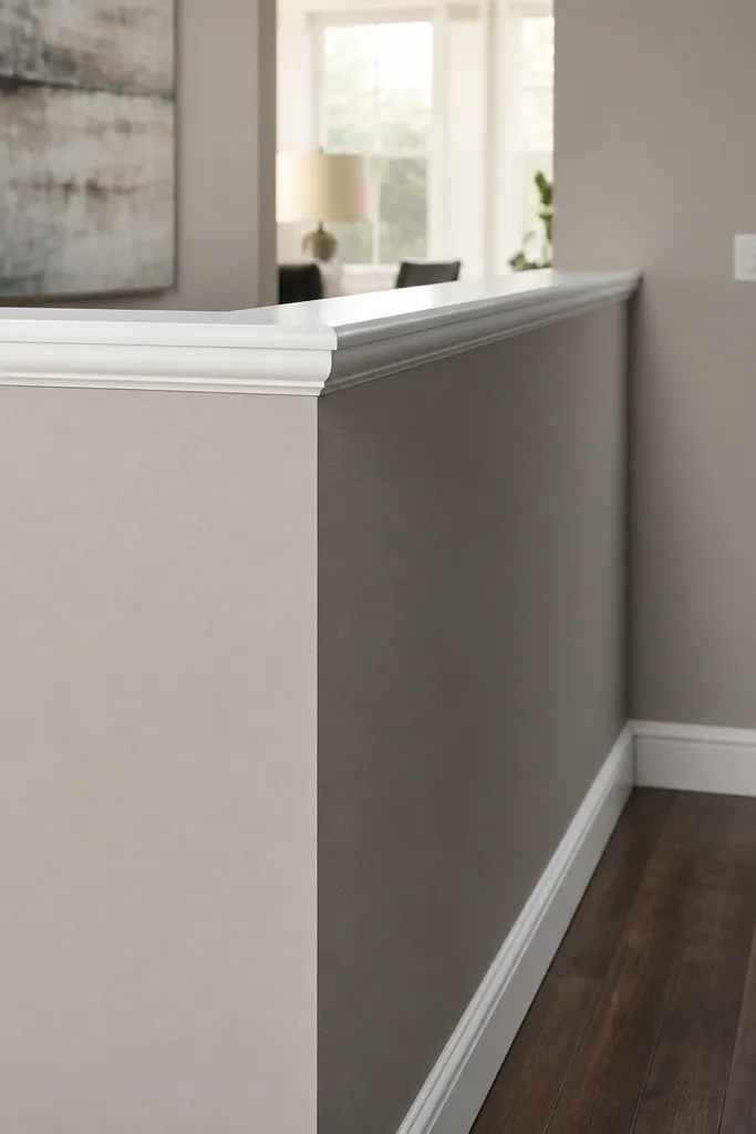 Half wall with a rounded bullnose top trim and smooth painted finish